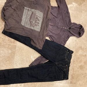 J. Crew 770 jeans baggy, Chevy shirt, RVCA hoodie